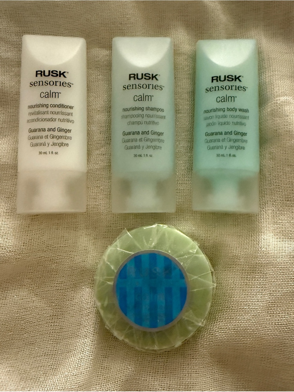 RUSK Sensories Calm Travel Set Shampoo Conditioner Body Wash Soap New